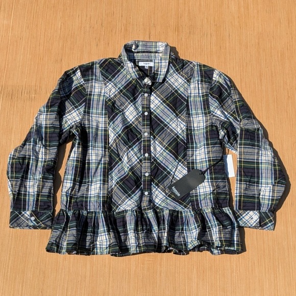 NWT Kensie Jeans Blouse Green Plaid Peplum Ruffle Hem Western Fall Top Women XL - Picture 1 of 7